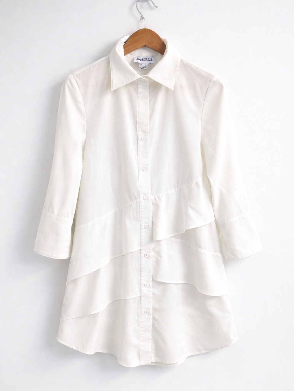 Joseph Ribkoff White Tiered Blouse Size 6 Button Front Ruffle Tunic Top